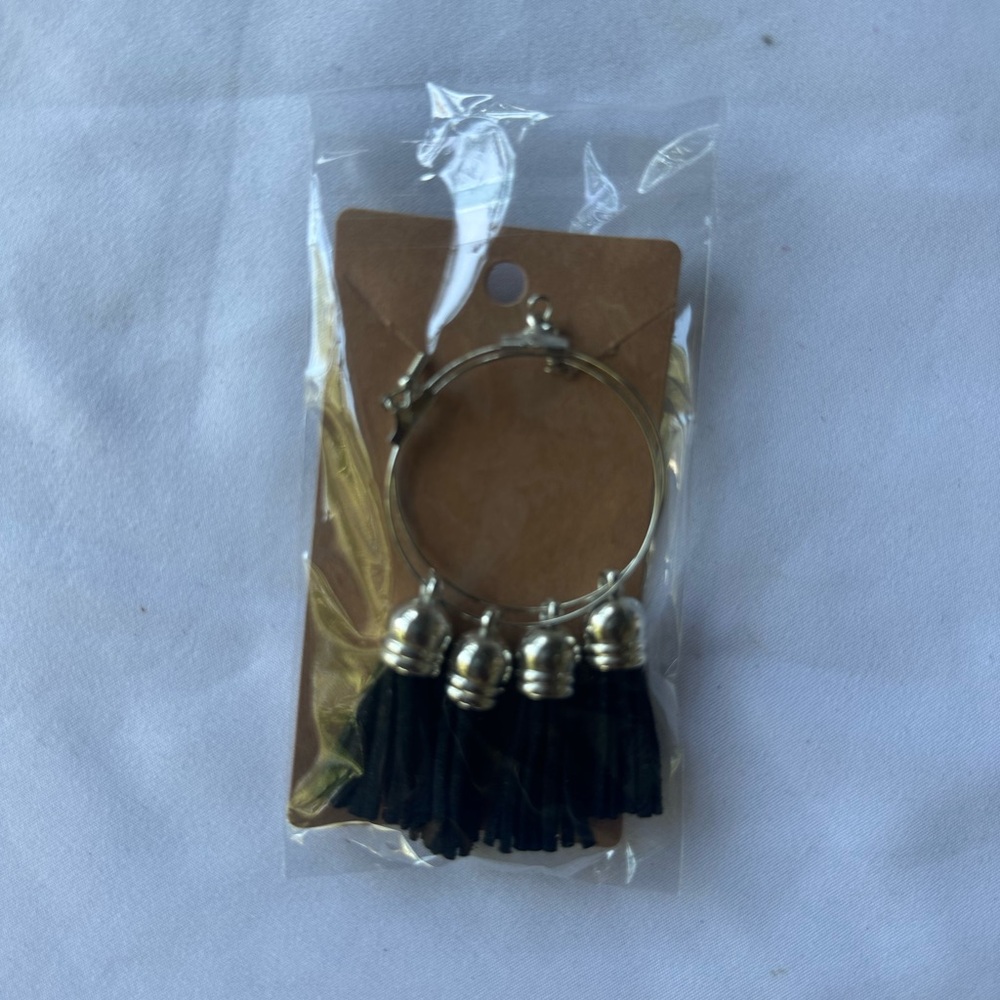 Silver Hoop Earrings with Black Tassels